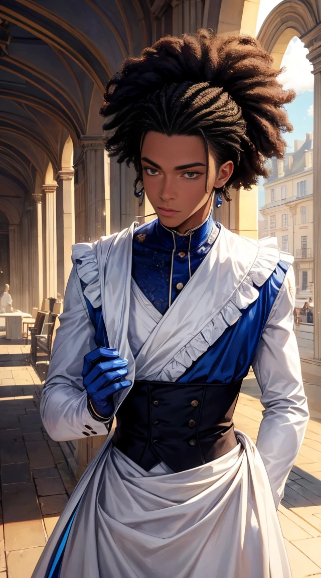 (meilleure qualité 4K ),original, 1 homme, Un bel homme à la peau foncée, Homme afro-américain aux cheveux naturels, cheveux courts, coupe à la mode, nez ;ébène, reel , grand, masculin, vêtu de vêtements urbains bleus et d'un jean denim, dessin animé,illustrations animées, le style est une beauté abstraite, Sundaratang, illustrations de personnages charmants, folklore , de 22ans