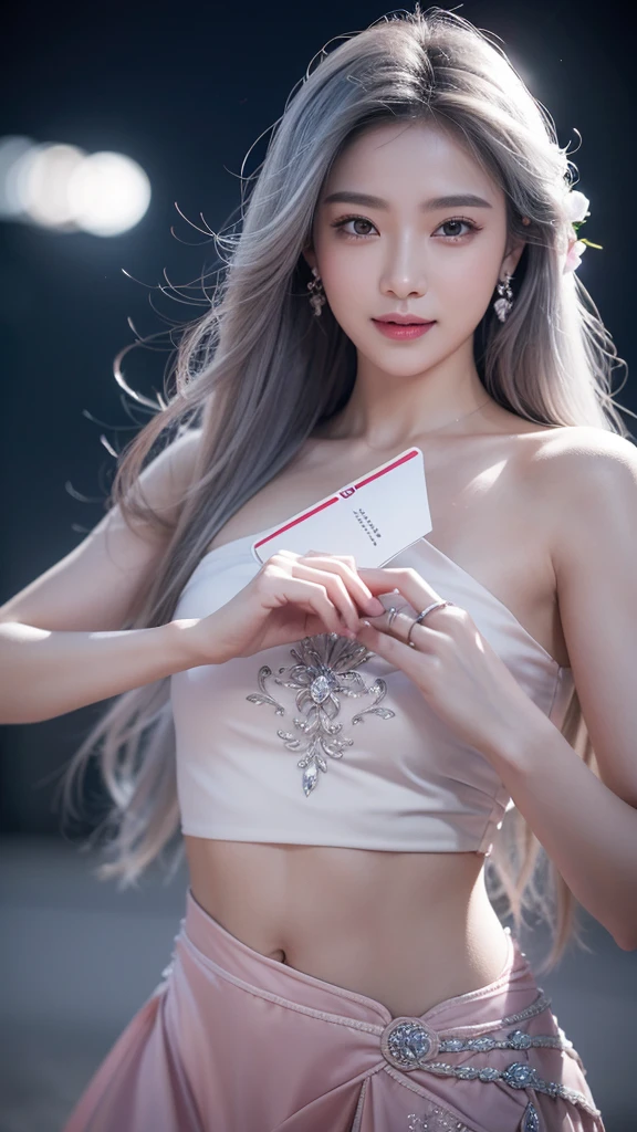 Masterpiece best night full moon 1 female sister rain sister smile expression silver white long hair woman light pink lips calm intellectual three rings gray eyes assassin short knife, Flowers, Card Details, Finger details,Dance for subject 3，panoramic，whole body，