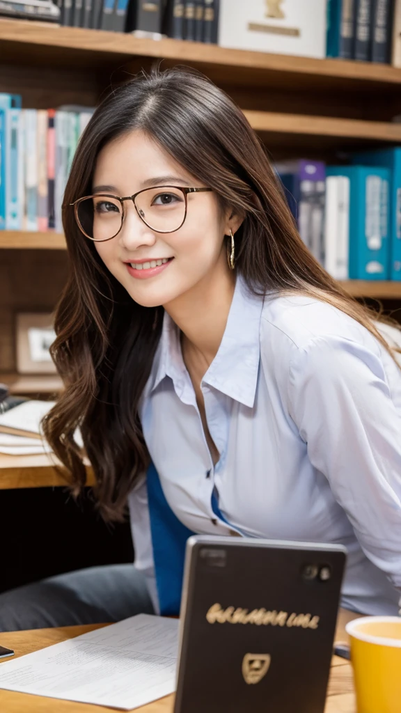 Realistic , photorealistic , masterpiece , best quality , super quality , ((ultra detailed)), extremely detailed , highers , Raw Photo , 16k portrait , curvy , big Smile , full body , Beautiful and pretty hair , ultrahappy , (desk work) , officelady , Side angle , (office) , Intelligent Glasses