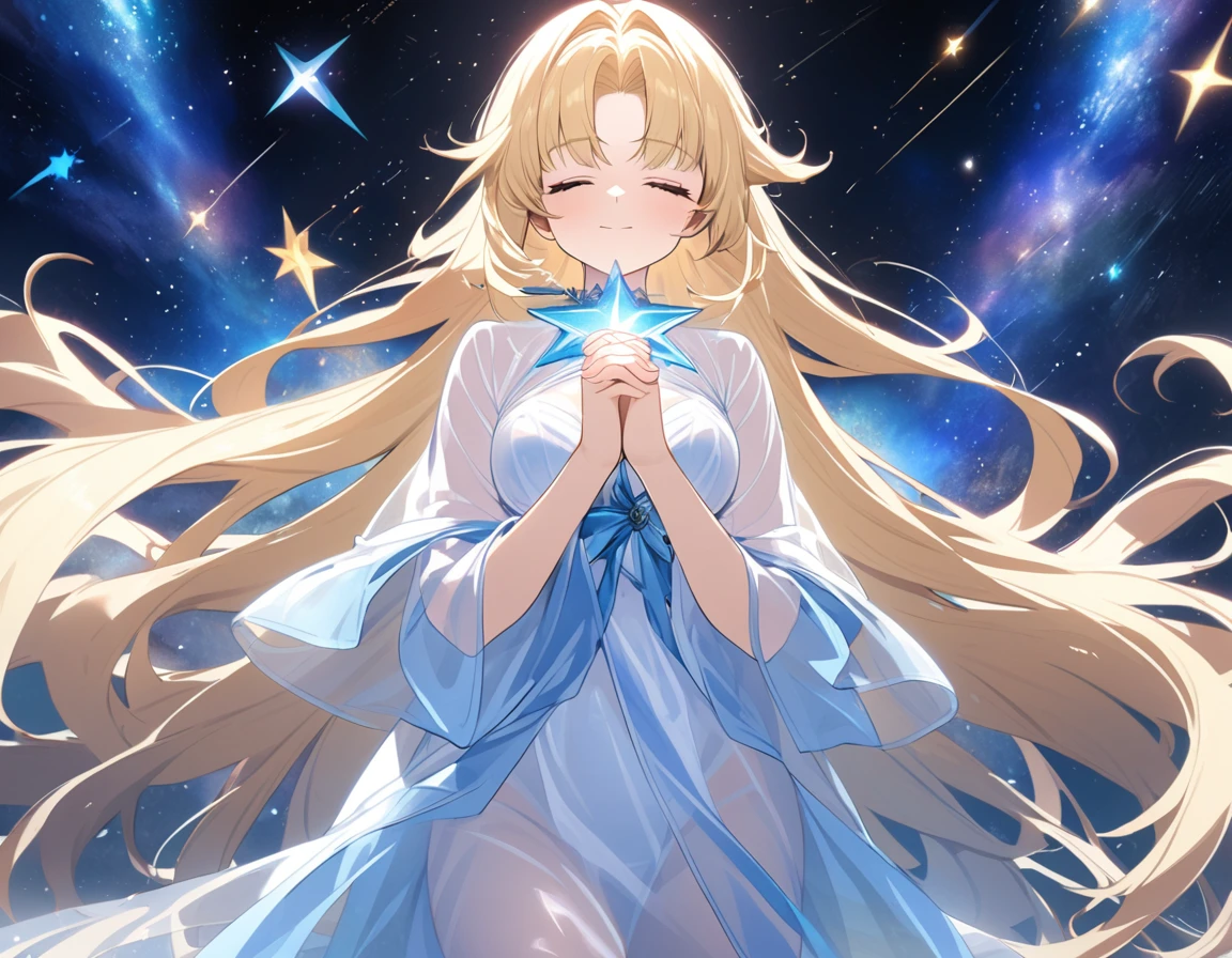 Red shining star, blue shining star, blonde goddess, transparent robe, prayer, eyes closed, space,