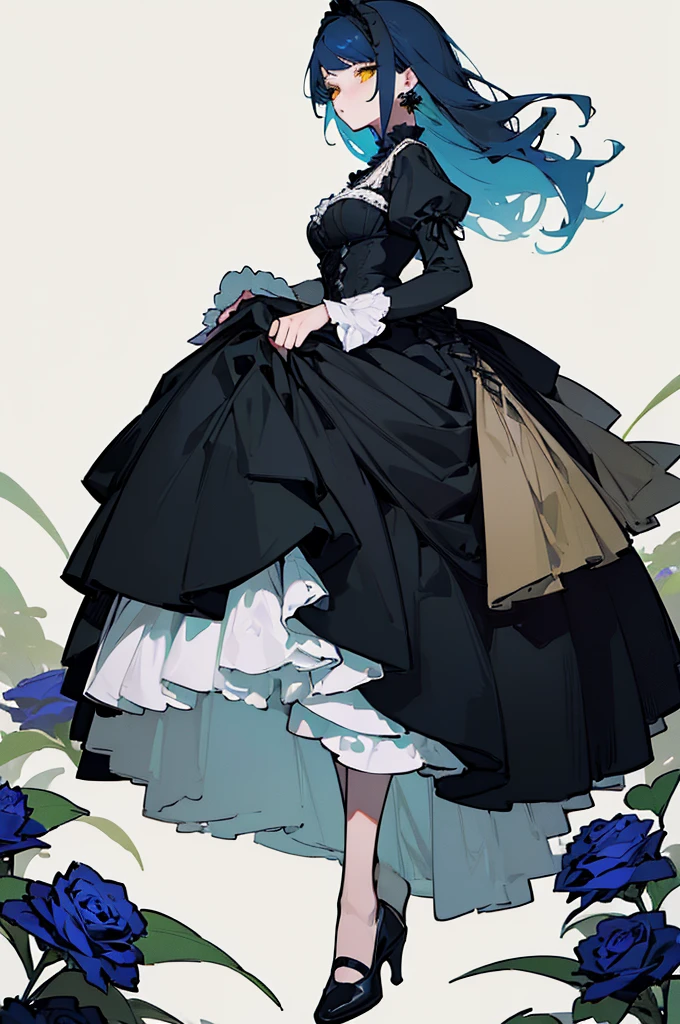 (Highest quality、masterpiece:1.2), ((Mature Woman))Huge , Adult face、Blue Hair、Both sides up、Yellow Eyes, (Dark eyeshadow、Lots of earrings) Gothic Dress, Black Dress, Victorian dress,Flower Field,Blue rose,White background,whole body,Down to the shoes