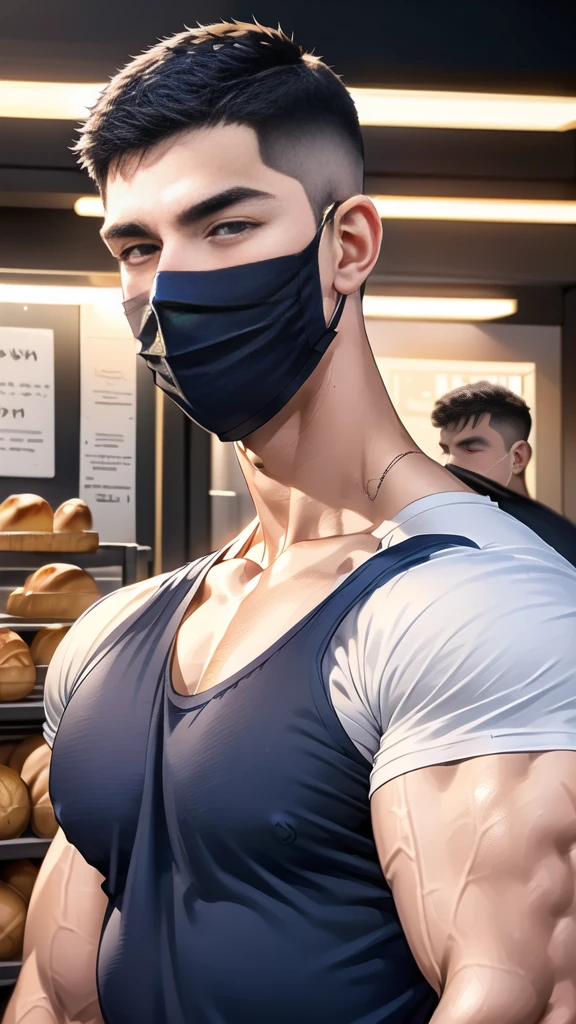 (handsome Man),(crew cut short hair:1.8),black eye,(Wear a fitted round neck t-shirt in navy with a police badge.:1.5),(fit neck),Navy blue jeans,(black_gloves:1.2), Korean guy,chest muscles,large arm muscles,blood vessel,Big muscles,Broad shoulders, (open mouth:1.2),(face up:1.2),(open eyes:1.5), middle of the road,smile,(backpack:1.3), In front of the bread shop ,(Cotton Mask:1.3