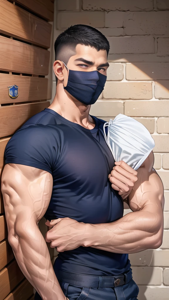 (handsome Man),(crew cut short hair:1.8),black eye,(Wear a fitted round neck t-shirt in navy with a police badge.:1.5),(fit neck),Navy blue jeans,(black_gloves:1.2), Korean guy,chest muscles,large arm muscles,blood vessel,Big muscles,Broad shoulders, (open mouth:1.2),(face up:1.2),(open eyes:1.5), middle of the road,smile,(backpack:1.3), In front of the bread shop ,(Cotton Mask:1.3