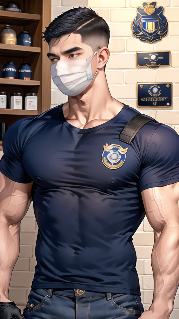 (handsome Man),(crew cut short hair:1.8),black eye,(Wear a fitted round neck t-shirt in navy with a police badge.:1.5),(fit neck),Navy blue jeans,(black_gloves:1.2), Korean guy,chest muscles,large arm muscles,blood vessel,Big muscles,Broad shoulders, (open mouth:1.2),(face up:1.2),(open eyes:1.5), middle of the road,smile,(backpack:1.3), In front of the bread shop ,(Cotton Mask:1.3