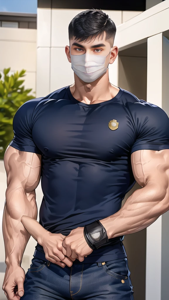 (handsome Man),(crew cut short hair:1.8),black eye,(Wear a fitted round neck t-shirt in navy with a police badge.:1.5),(fit neck),Navy blue jeans,(black_gloves:1.2), Korean guy,chest muscles,large arm muscles,blood vessel,Big muscles,Broad shoulders, (open mouth:1.2),(face up:1.2),(open eyes:1.5), middle of the road,smile,(backpack:1.3), In front of the bread shop ,(Cotton Mask:1.3