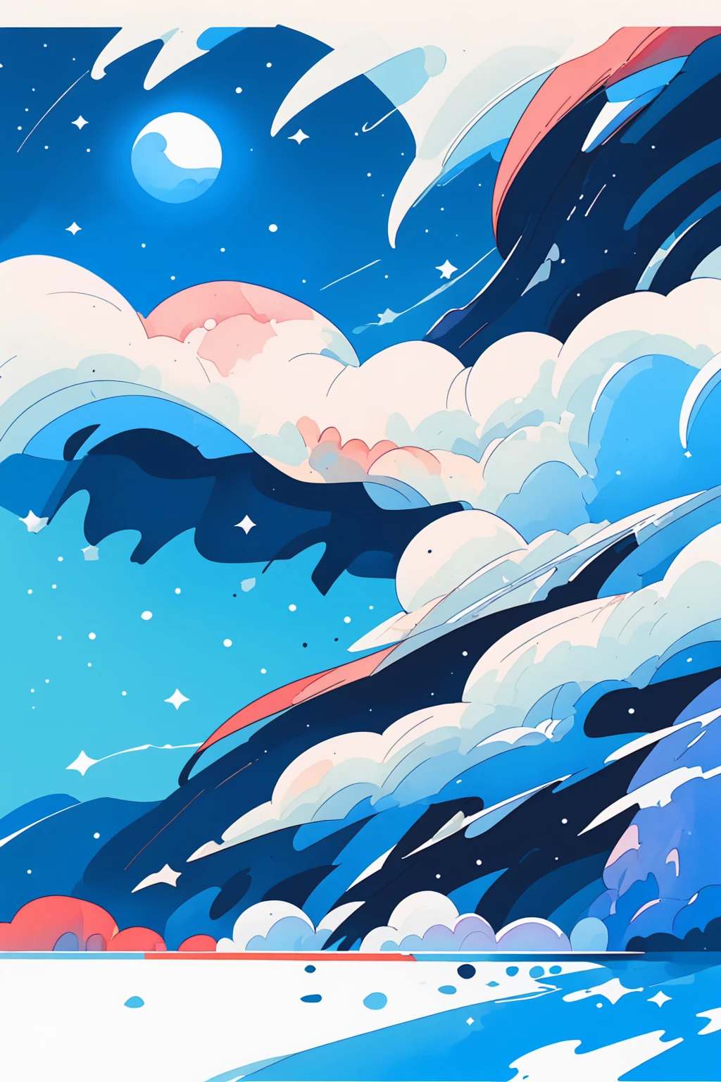 white background, scenery, watercolor, ink, flat mountains, river, moon, star, tranquil night,