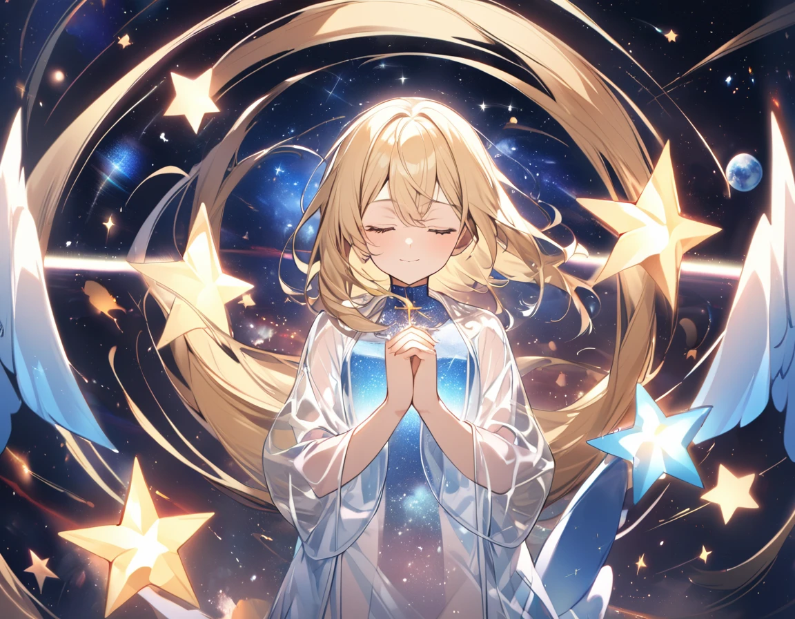 Red shining star, blue shining star, blonde goddess, transparent robe, prayer, eyes closed, space,