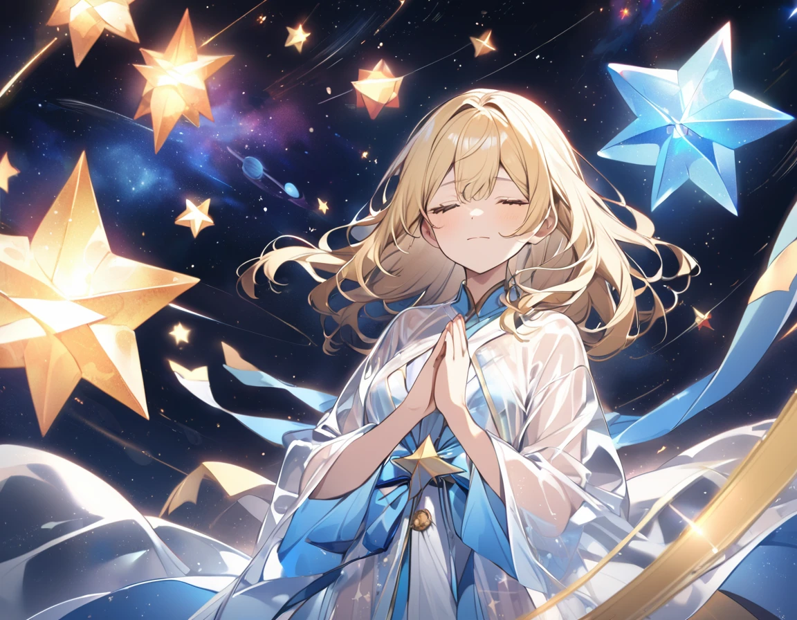 Red shining star, blue shining star, blonde goddess, transparent robe, prayer, eyes closed, space,