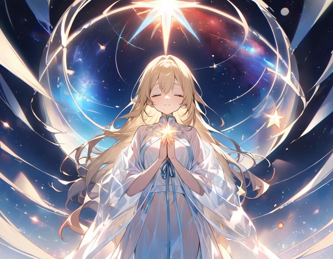 Red shining star, blue shining star, blonde goddess, transparent robe, prayer, eyes closed, space,