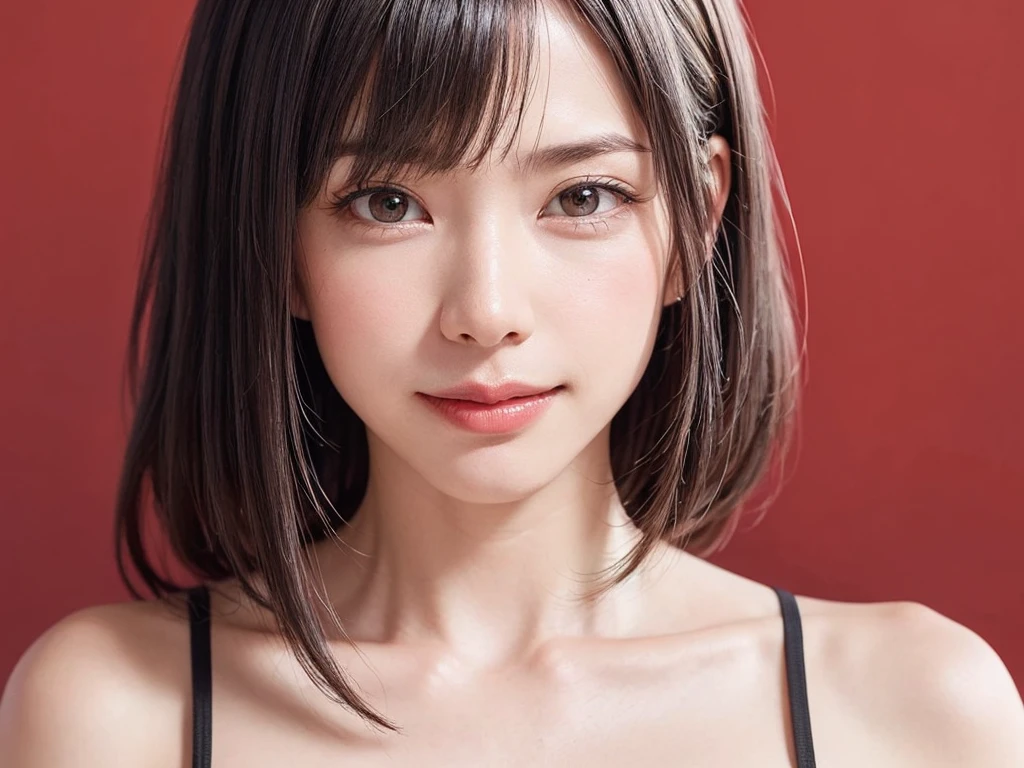 (SFW:1.8、masterpiece, masterpiece、Highest quality),1 Girl, alone, hyper Realistic, Realistic,Realistic, Looking at the audience, Light brown eyes:1.4,短めのBrunette Short Bob Hair:1.6、Highly detailed shiny hair:1.5, Very delicate and beautiful、Brightly colored off-the-shoulder dress.:1.4, See-through costume、Lepangas:1.4), Mouth closed, Upper Body、big chest eye、eyelash、{Hugeな|big chest|Hugeなな|Mega} whole :2, chestの谷間:2、(((Add highlights to the eyes:1.4、big chest eye、Short Bob Hair、Glowing Skin:1.4、Looking at the audience、She is very 美しい and cute、Show me your ears、Beautiful long neck、smile、Close your mouth and smile、bangsと美しい歯)))、Ideal body type、((Very beautiful red background:2、Simple blank landscape in vibrant baby colors:2、Very simple purple background:2))、Beautiful long neck:1.4、(({Huge|big|Hugeな|Mega} chest, chestの谷間:2))、(((Portraiture:2、Face close-up:2、Face close-up:2)))、Perfect Anatomy、((bangs:2))