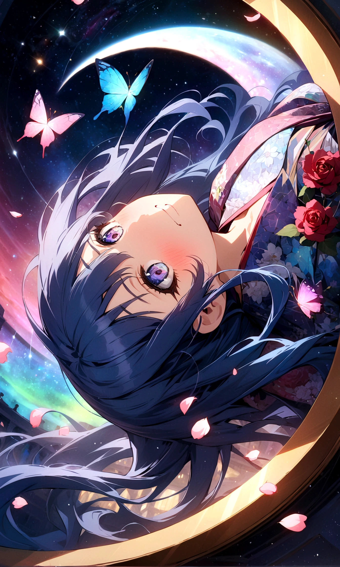 ((masterpiece:1.4)), (best quality), (ultra-detailed), anime style, 1girl, blue hair, long hair, musical note, shooting star, space, galaxy, aurora, seven-colored light, red rose, purple rose, white rose, close-up of face, butterfly, constellation, girl riding on a crescent moon, nebula, cherry blossom petals, stained glass, entire field of stained glass flowers, night cherry blossoms, kimono, blushing, blush, smile, zoom, reflection, planetarium, flowing hair, church, candelabra, dancing patterns.