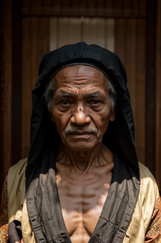 Real photo of an old blind man wearing a typical Javanese cloth head covering, wearing a black robe, HD quality