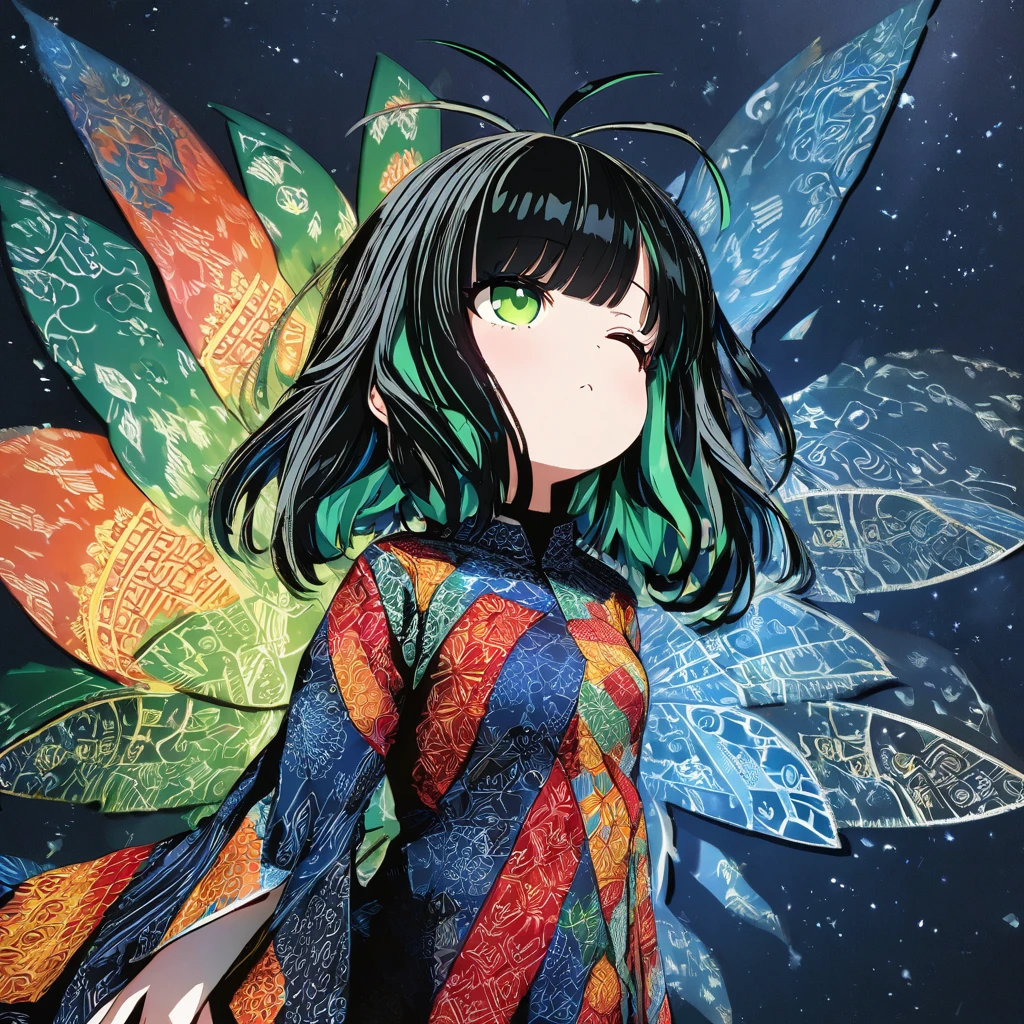 a wireframe hologram of structure with glowing Vibrant green lines forming intricate patterns around its structure, background asteroids, (cute_cartoon_style of counterfeit_v3, octane-render):1.33, (monochrome color:blue-theme), detailed calligraphy art, Indian ink brush painting, aesthetic art:1.2), multi-exposure prism, strobe ripple effect, BREAK, 1girl, Look up to the sky, closed eyes, (detailed green eyes, jet-black hair, colored inner green hair, split-color hair):1.21, antenna hair, batik, and fractal-inspired fabric dress. #dress, #batik, #fractal, #fashion, #art, #design, A long, flowing dress made of fabric with a unique and eye-catching pattern. The pattern is a combination of batik, and fractals, creates a swirling, organic pattern, while the batik adds a touch of color and contrast. The fractals create a sense of depth and complexity. floating hair, graphite, partially colored, spot color, (flip the whole horizontally, blue image:1.3), (Monochromatic colors:1.4), BREAK, (detailed calligraphy art:1.1), (marbled platinum color starry stars cloud:1.3), Break, see stratosphere from below, Entering the atmosphere , serious, grumpy, side view, whole body shot, include colorful binary code, calligraphy patterns, penmanship, visual poetry, cultural expression, decorative writing. of her form molded from clear, luminous glitches, beautiful scripts cascading in symmetrical patterns, housing a multitude of artistic lettering tech,