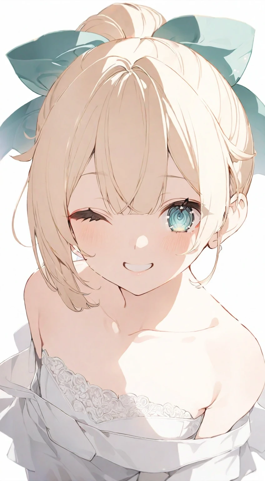 (masterpiece), (best quality), perfect face, beautiful girl, white background background, delicate and beautiful face and eyes, dark intense shadow,
1 girl, vtuber style, cool girl, hololive,Kazama Iroha, ponytail, Wedding dress, small chest, cropped shoulders, clavicle, one eye close winking, smile, body visible through clothes, chest visible through clothes, (full body), looking at viewer, standing,