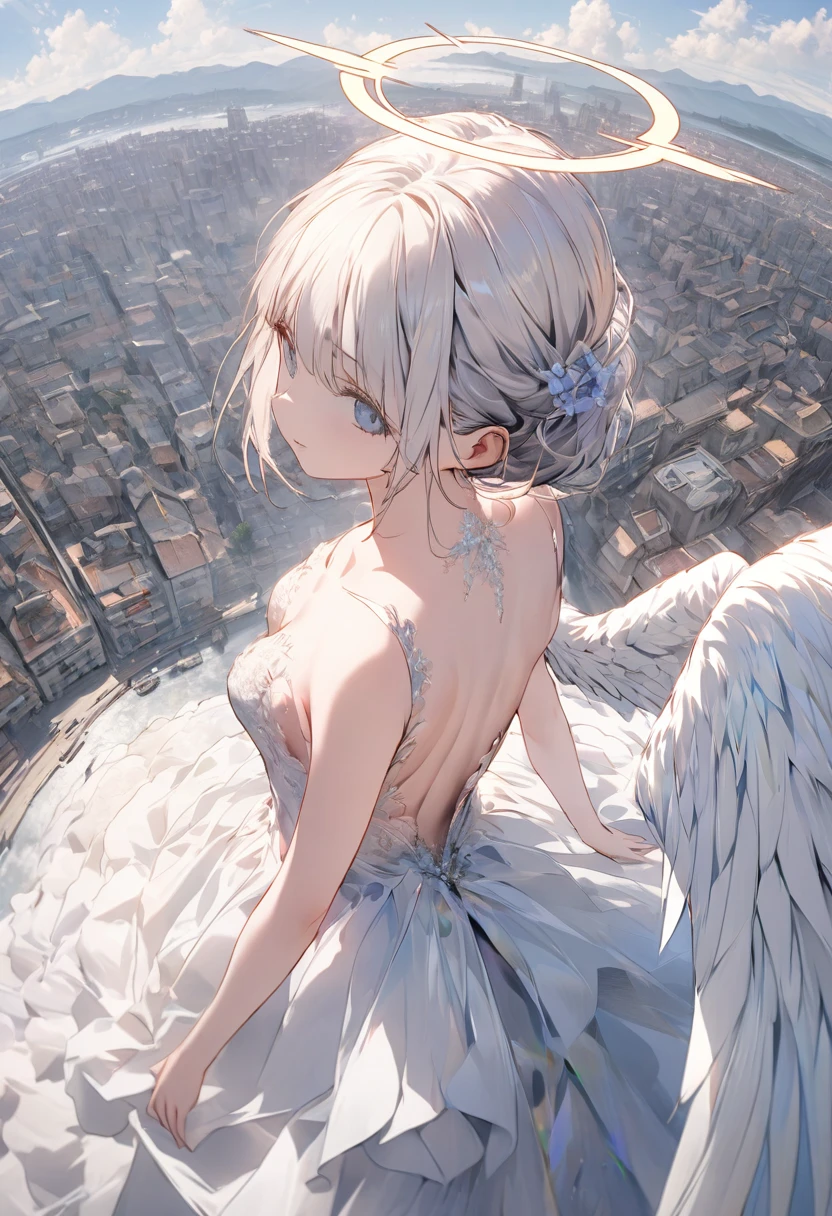 A (back view:1.5) of a very beautiful female angel\(long platinum hair, wide-backed white dress,(big beautiful angel wing from her chest),very beautiful shiny halo\), she is spreading her arms wide and gently as if seeking salvation, she is above the clouds looking down on the world below, a fierce war\((so many sparks and fires), missles, battle plane, many buildings collapsing, nature being destroyed, a magnificent andspectacular scenery\) is taking place below the clouds, BREAK ,quality\(8k,wallpaper of extremely detailed CG unit, ​masterpiece,hight resolution,top-quality,top-quality real texture skin,hyper realisitic,increase the resolution,RAW photos,best qualtiy,highly detailed,the wallpaper,cinematic lighting,ray trace,golden ratio\),[nsfw],dynamic angle,[nsfw],from above