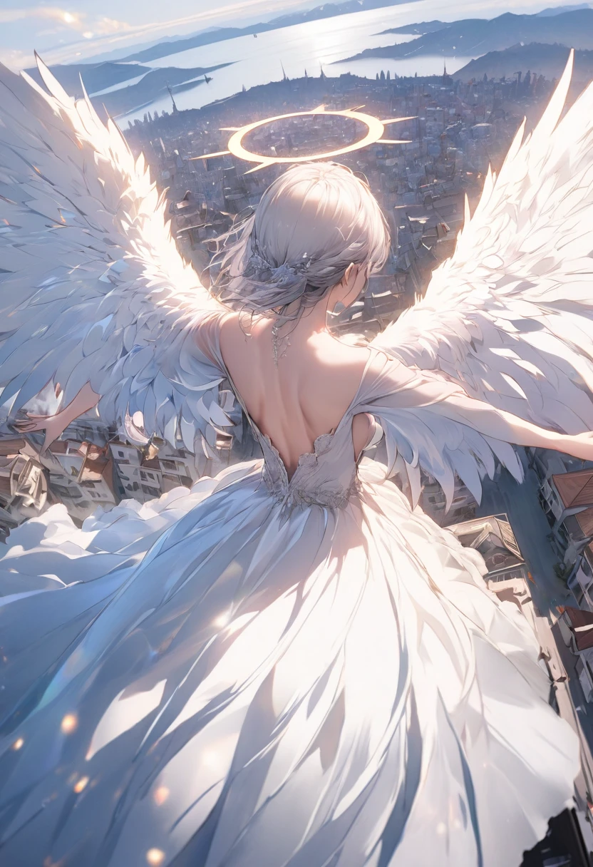 A (back view:1.5) of a very beautiful female angel\(long platinum hair, wide-backed white dress,(big beautiful angel wing from her chest),very beautiful shiny halo\), she is spreading her arms wide and gently as if seeking salvation, she is above the clouds looking down on the world below, a fierce war\((so many sparks and fires), missles, battle plane, many buildings collapsing, nature being destroyed, a magnificent andspectacular scenery\) is taking place below the clouds, BREAK ,quality\(8k,wallpaper of extremely detailed CG unit, ​masterpiece,hight resolution,top-quality,top-quality real texture skin,hyper realisitic,increase the resolution,RAW photos,best qualtiy,highly detailed,the wallpaper,cinematic lighting,ray trace,golden ratio\),[nsfw],dynamic angle,[nsfw],from above