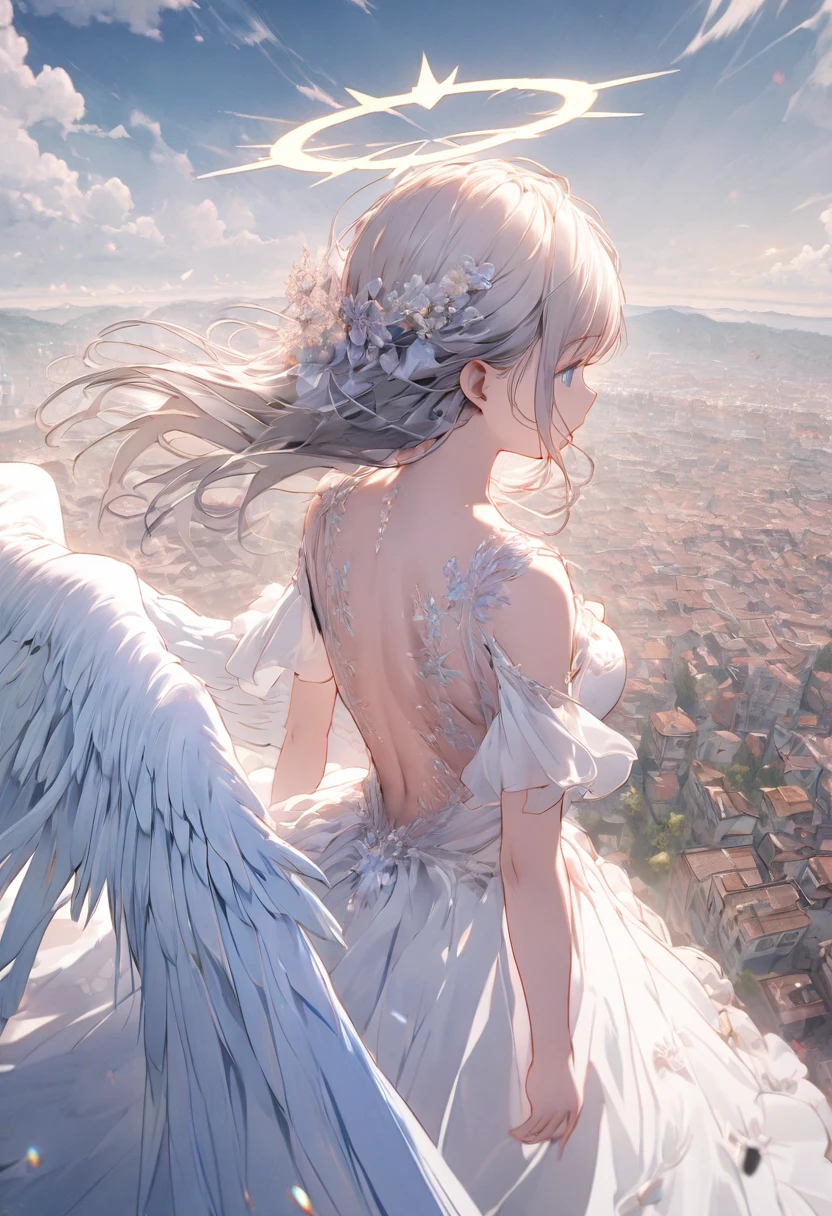 A (back view:1.5) of a very beautiful female angel\(long platinum hair, wide-backed white dress,(big beautiful angel wing from her chest),very beautiful shiny halo\), she is spreading her arms wide and gently as if seeking salvation, she is above the clouds looking down on the world below, a fierce war\((so many sparks and fires), missles, battle plane, many buildings collapsing, nature being destroyed, a magnificent andspectacular scenery\) is taking place below the clouds, BREAK ,quality\(8k,wallpaper of extremely detailed CG unit, ​masterpiece,hight resolution,top-quality,top-quality real texture skin,hyper realisitic,increase the resolution,RAW photos,best qualtiy,highly detailed,the wallpaper,cinematic lighting,ray trace,golden ratio\),[nsfw],dynamic angle,[nsfw],from above