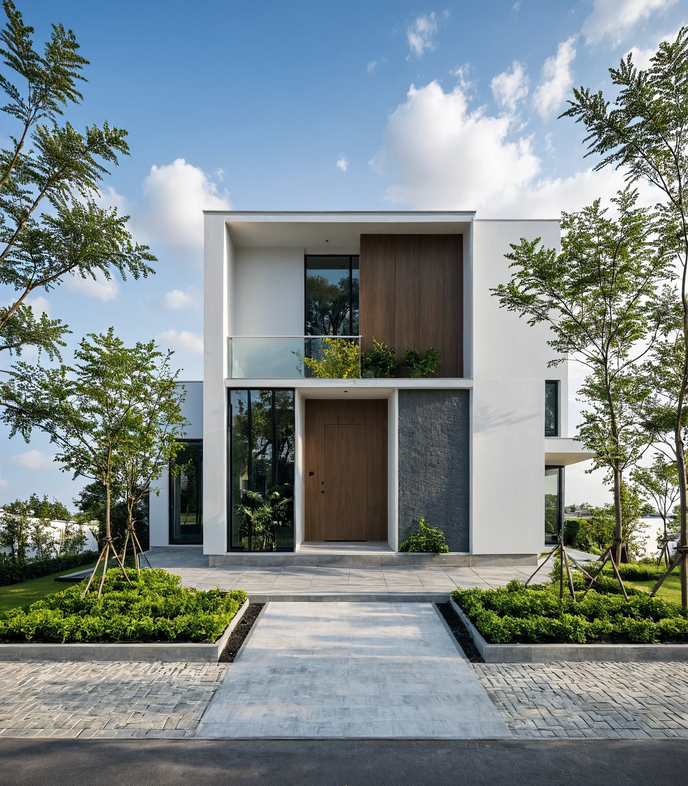 Masterpiece, high quality, best quality, authentic, super detail, outdoors, onestoreyvillaXL, aiaigroup, house style modern on the street ,stairs, white wall ,road,pavement, grass, trees, sky, cloud, (daylight:1.1)