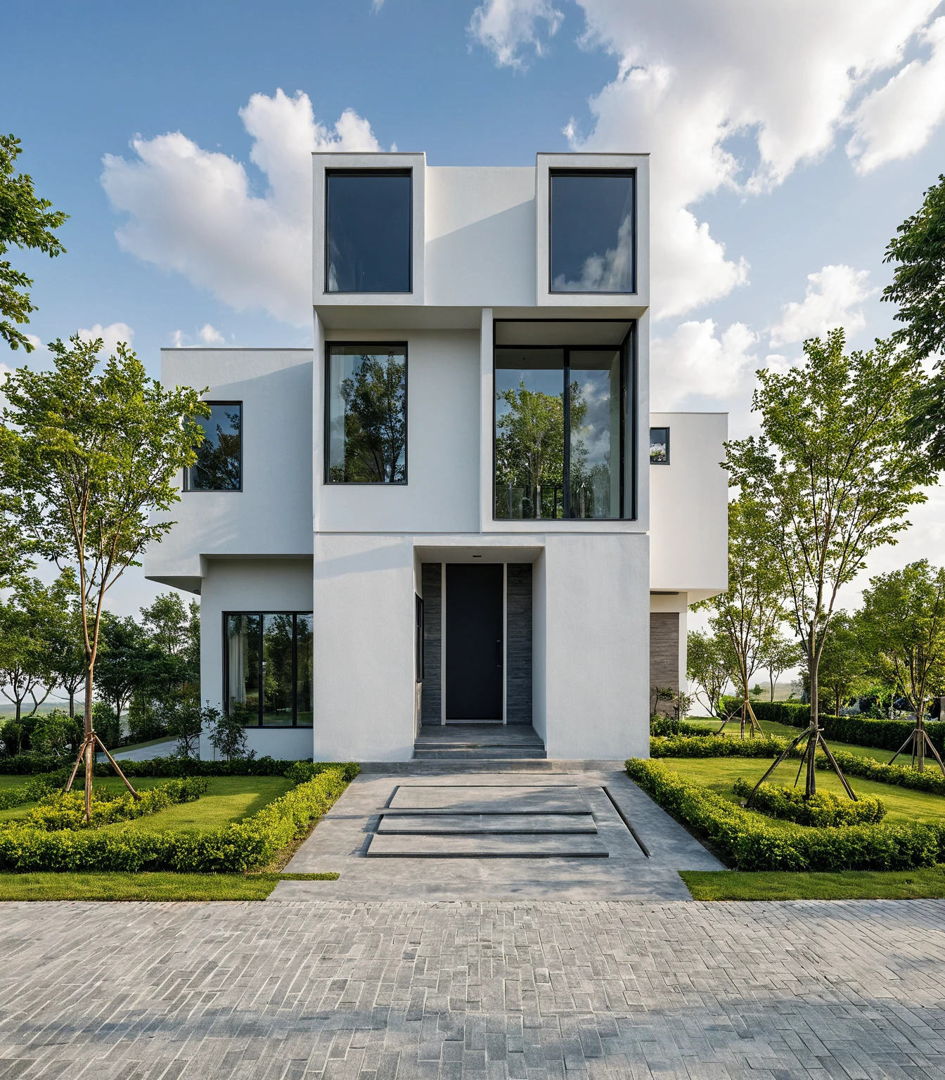 Masterpiece, high quality, best quality, authentic, super detail, outdoors, onestoreyvillaXL, aiaigroup, house style modern on the street ,stairs, white wall ,road,pavement, grass, trees, sky, cloud, (daylight:1.1)
