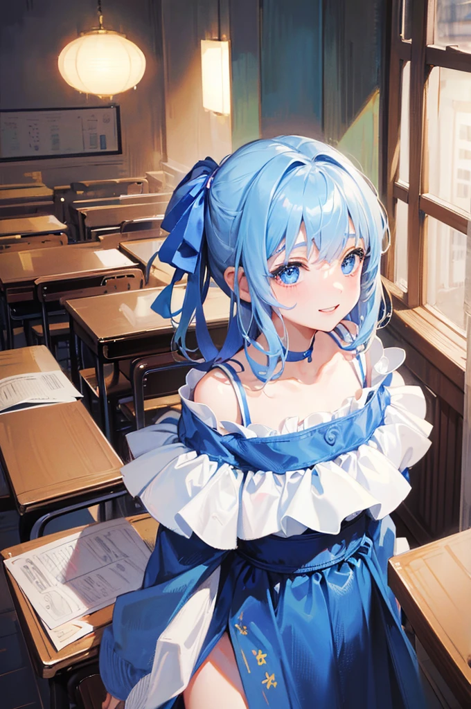 8K, Highest quality, masterpiece, Ultra-detailed、Light blue hair、Medium hair, hair ribbon、hair ribbon、full lips、Blue Eyes、18Year-old beauty、Portrait、School、smile、Japanese 、classroom、Random facial expressions