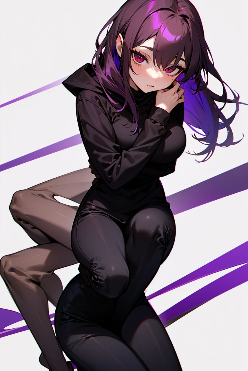 purple haired succubus,red eyes and wearing a short black dress hugging a teenager who is sitting on his legs the teenager has brown hair, dark brown eyes,and wearing black pants and a gray sweatshirt 