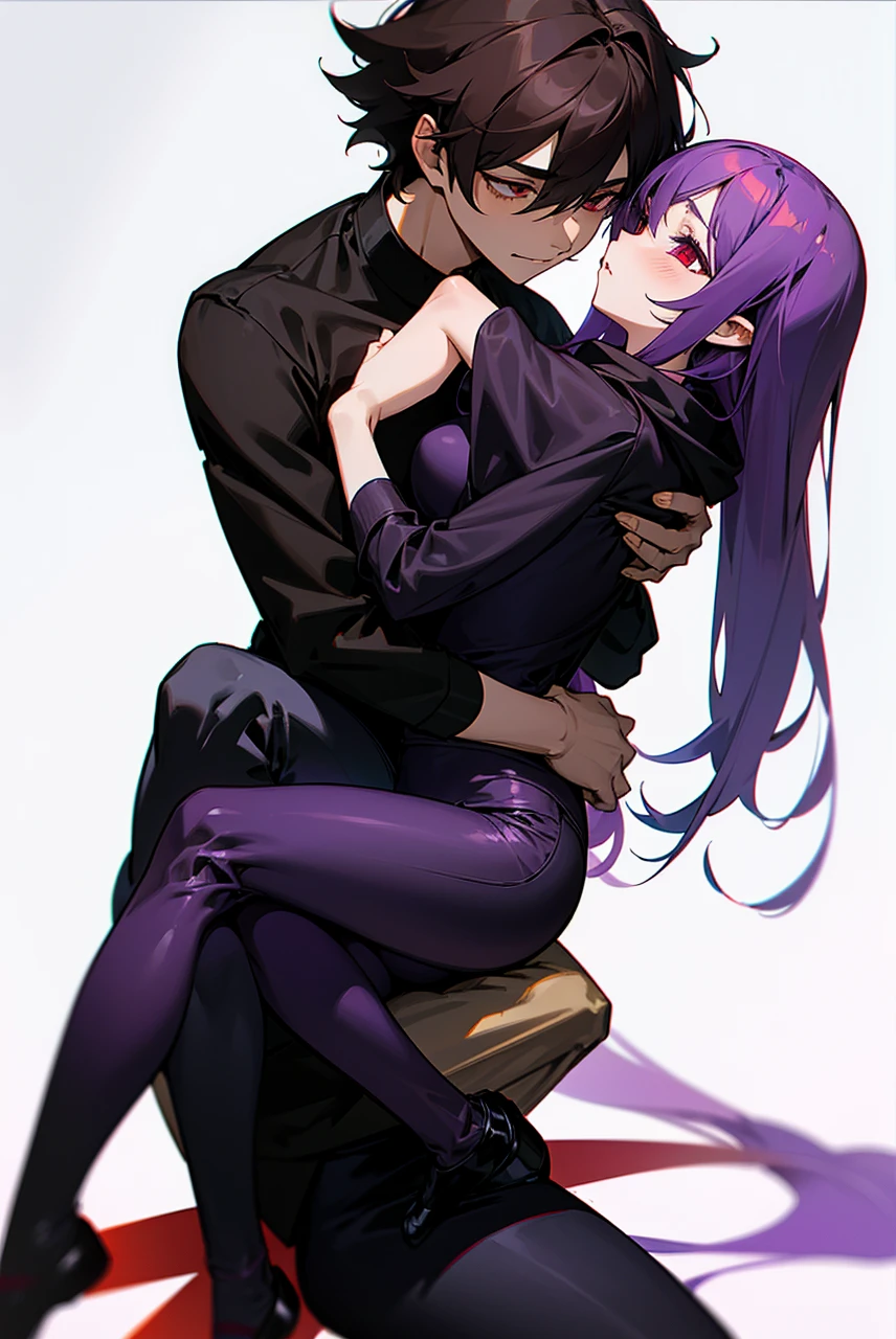 purple haired succubus,red eyes and wearing a short black dress hugging a ager who is sitting on his legs the teen has brown hair, dark brown eyes,and wearing black pants and a gray sweatshirt