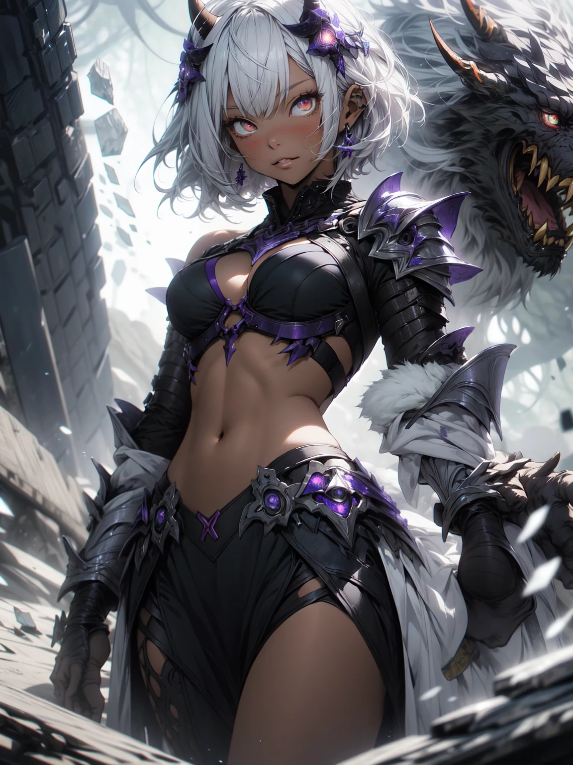 Be realistic,(masterpiece,Highest quality,Highest quality,Very detailed,Fractal Art,Most detailed,(Abstract background:1.5)(1 Girl),Kamimei,(short hair),(Sparkling red eyes and beautiful white hair、Big Breasts,Trained abdominal muscles),Abyss Stick、crystallization,bikini、Micro exy,Purple machine armor、Demon Horn、Berserk、Large scratches