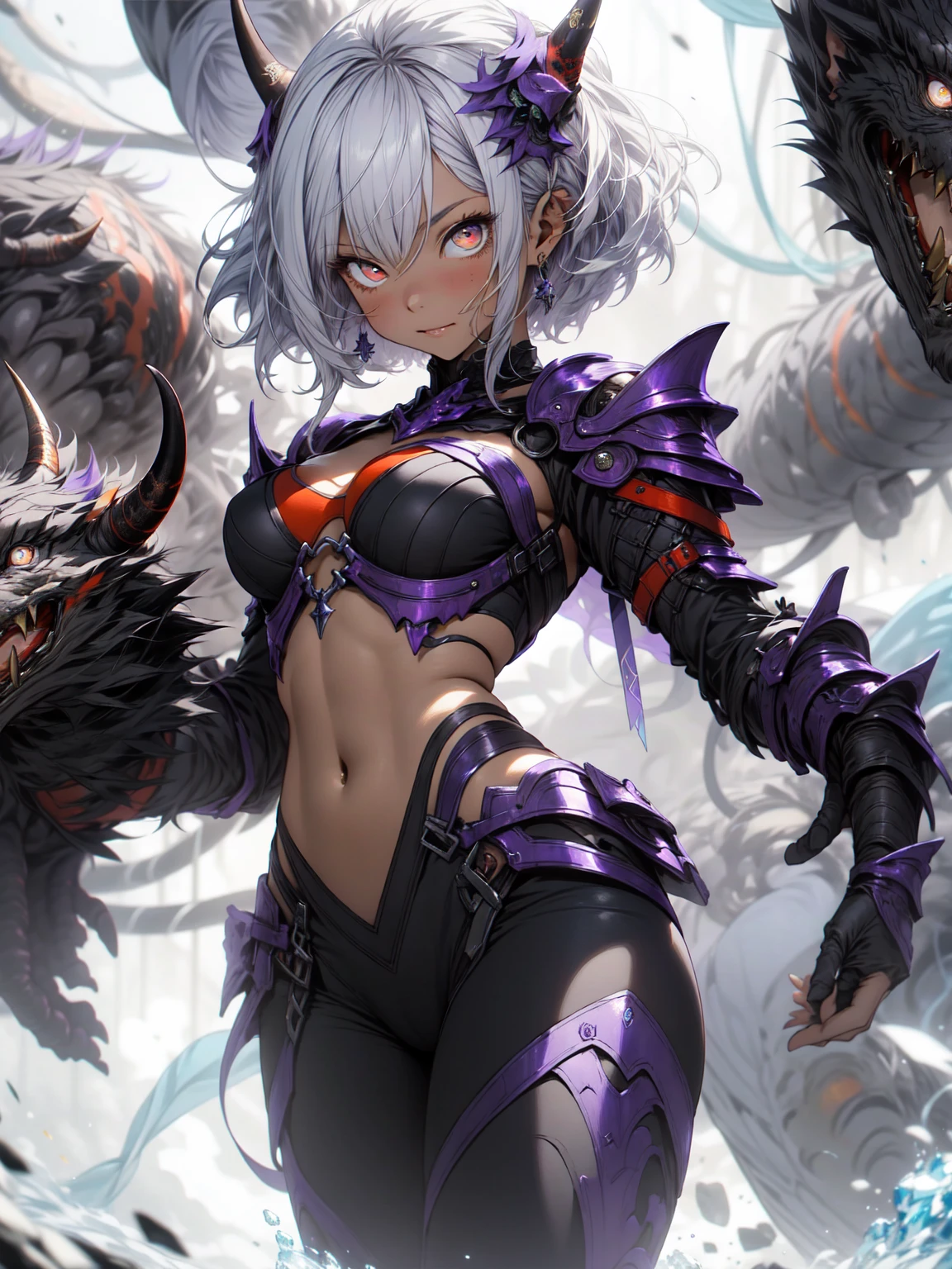 Be realistic,(masterpiece,Highest quality,Highest quality,Very detailed,Fractal Art,Most detailed,(Abstract background:1.5)(1 Girl),Kamimei,(short hair),(Sparkling red eyes and beautiful white hair、Big Breasts,Trained abdominal muscles),Abyss Stick、crystallization,bikini、Micro exy,Purple machine armor、Demon Horn、Berserk、Large scratches