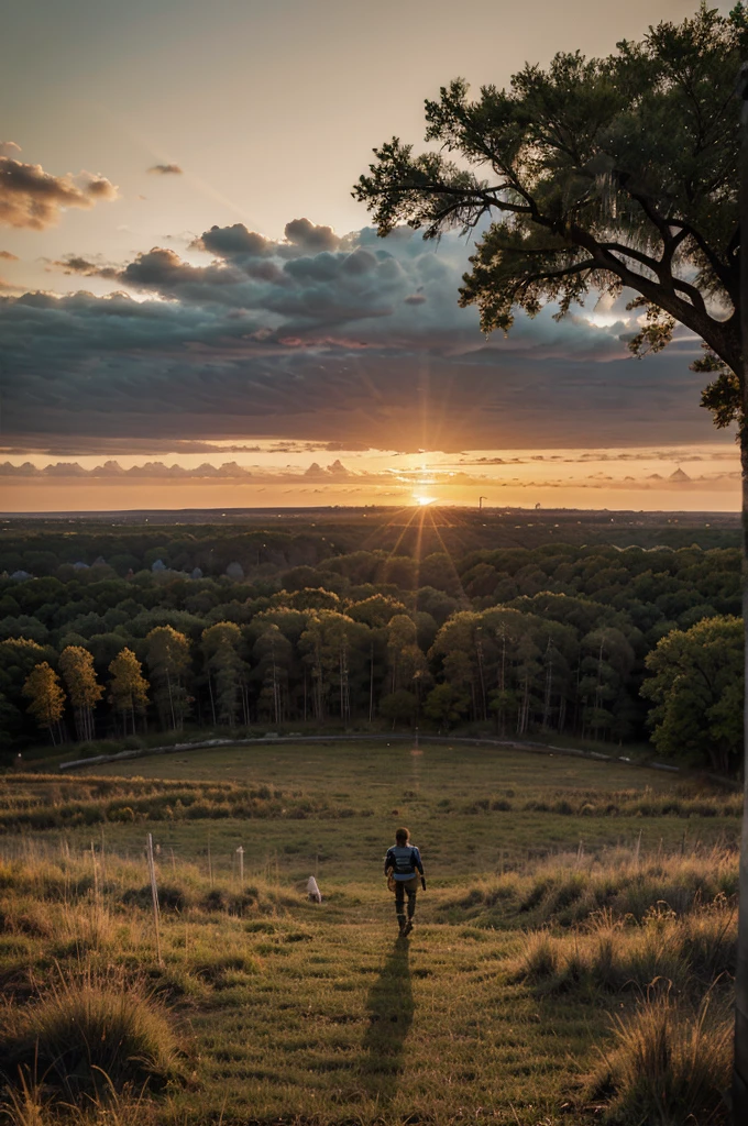 Savannah landscape, sunrise, young hero, distant Warriors, Dramatic color palette
