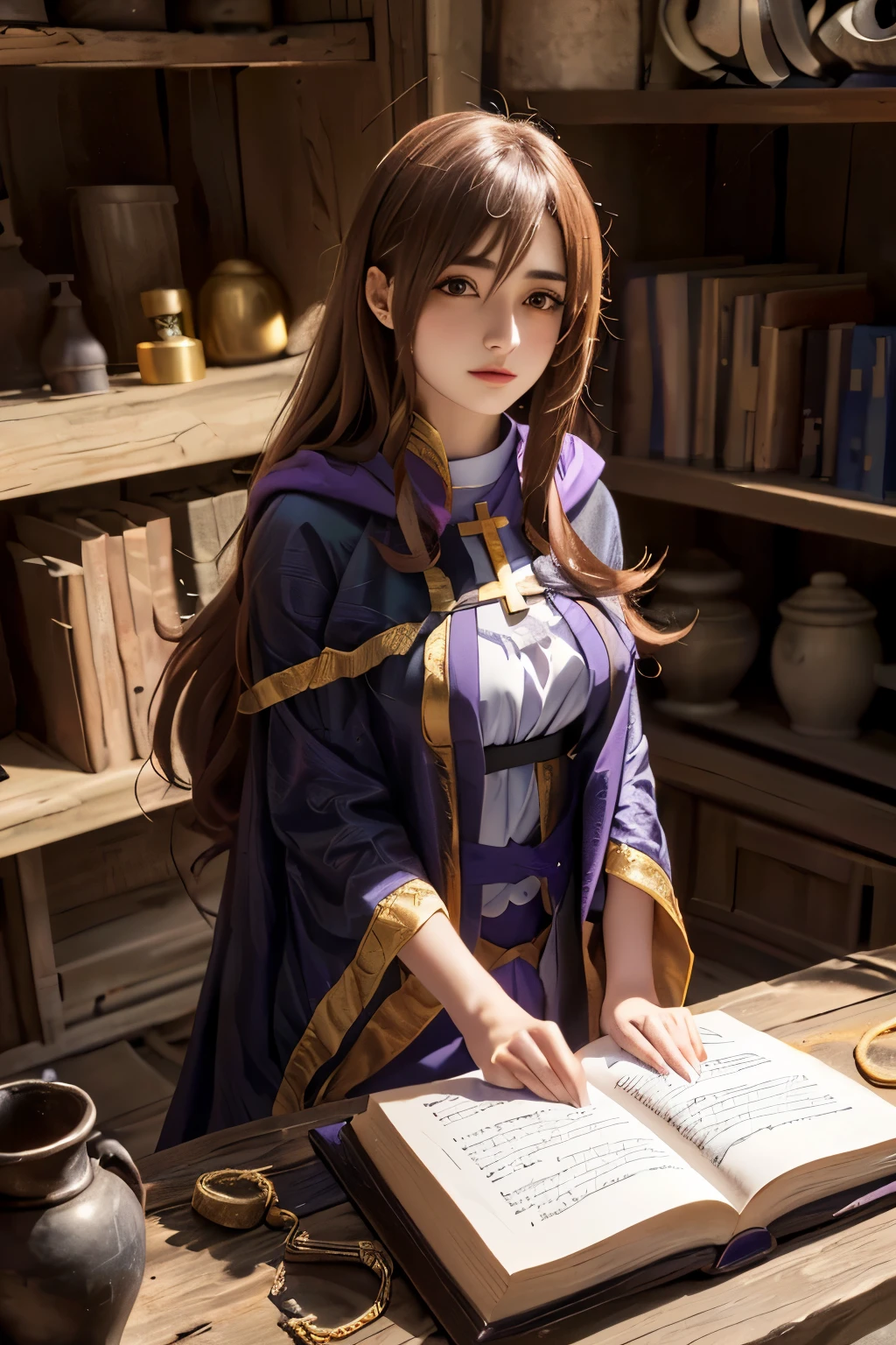 Arabian woman in purple cape holding a book, Maya Ali as an advertisement&d magician, anime girl Cosplay, anime Cosplay, Cosplay, Maya Ali as D&magician, Maya Ali as D&d magician, Beautiful female priest, Wearing a wizard's robe, Female Wizard!, Portrait of a girl in the Knights of the Zodiac, portrait of a Female Wizard