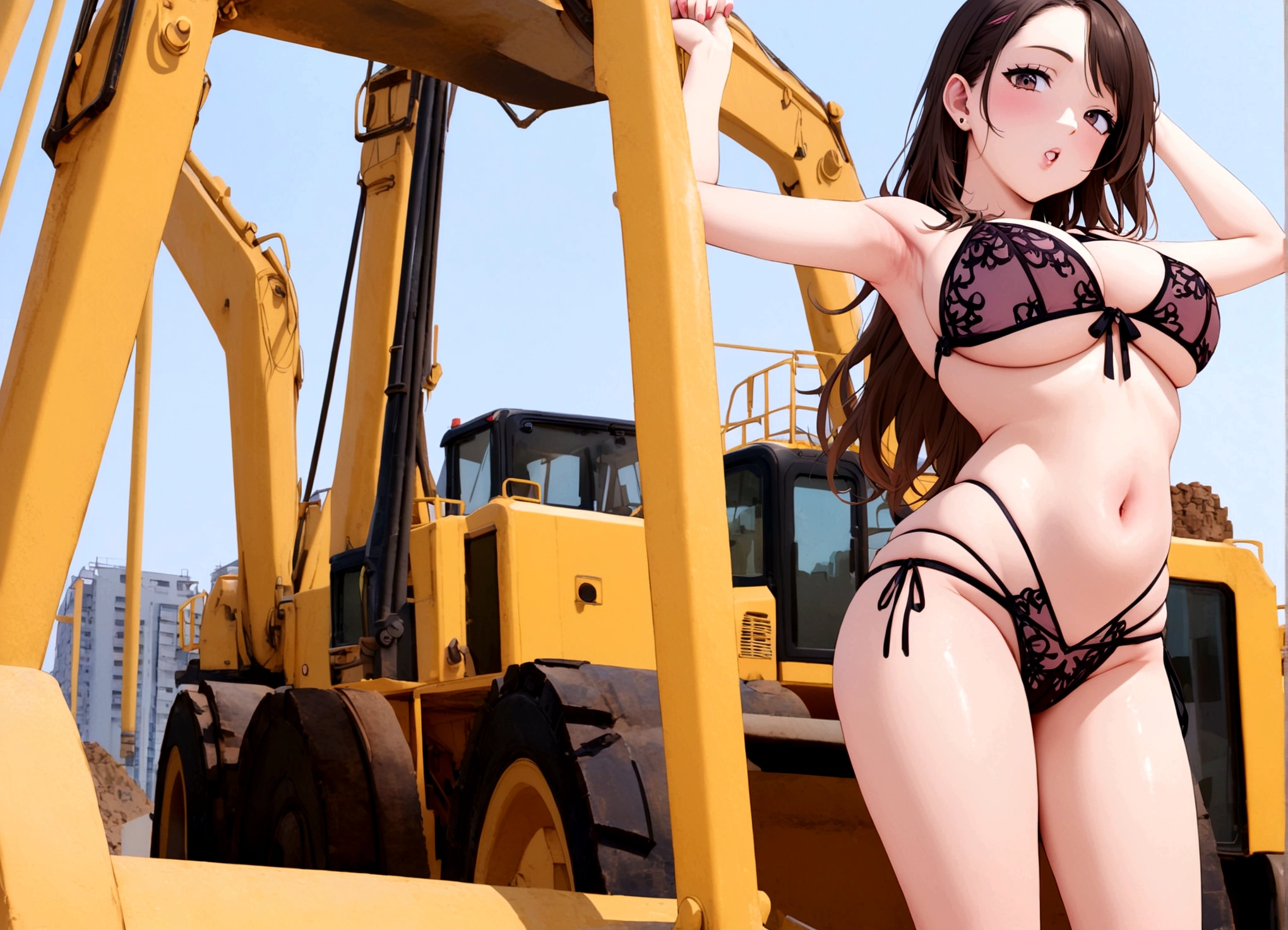 A sexy woman dressed in revealing lingerie, posing on a bulldozer that is at an active construction site