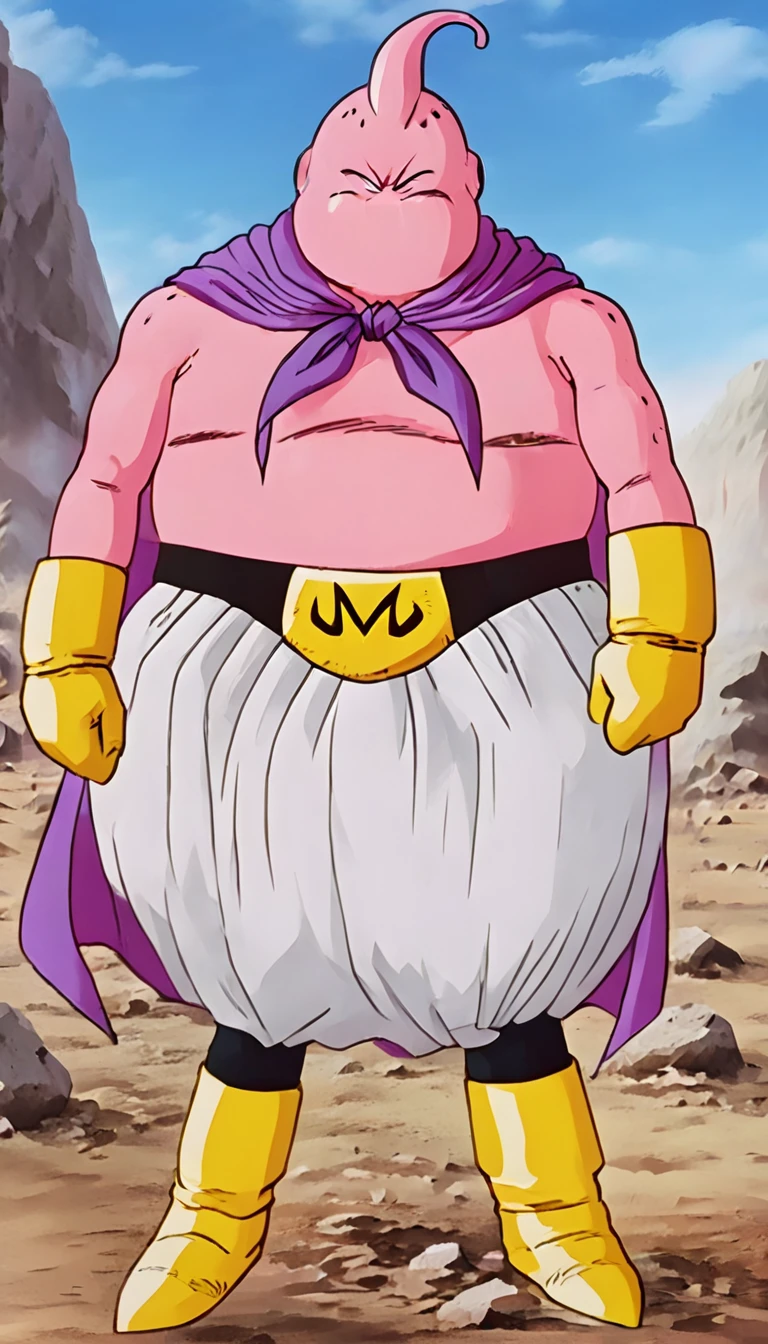 solo, majin buu, musclar,(angry:2),fighting,in wasteland,destroyed rock,(soft shading), 4k, hi res, ((detailed face, (detailed eyes:1.0), detailed)), (full body), looking at viewer, 1boy, upper body, male focus,white_pants,(topless:1.5),( shirtless:2),torn clothes,bare pectorals, fighting stance,
