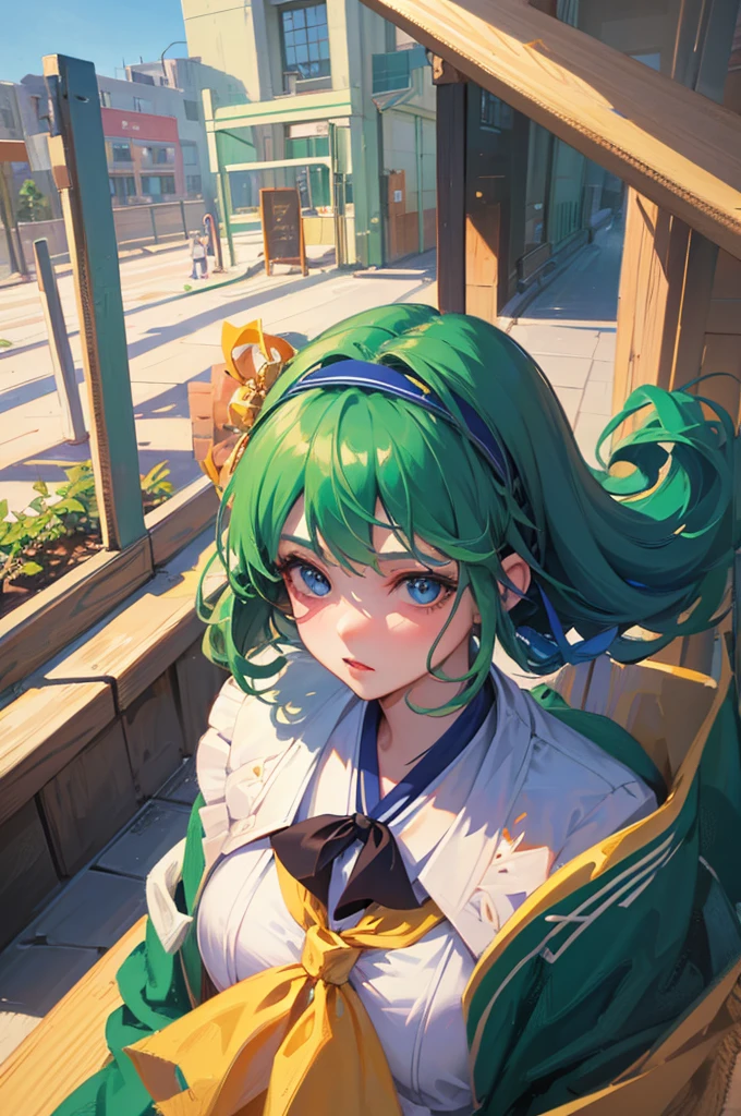 8K, Highest quality, masterpiece, Ultra-detailed、headband、Green Hair、Medium hair、headband、full lips、Blue Eyes、18Year-old beauty、Portrait、Schoolyard、Japanese 、Schoolyard、high school girl、Random facial expressions