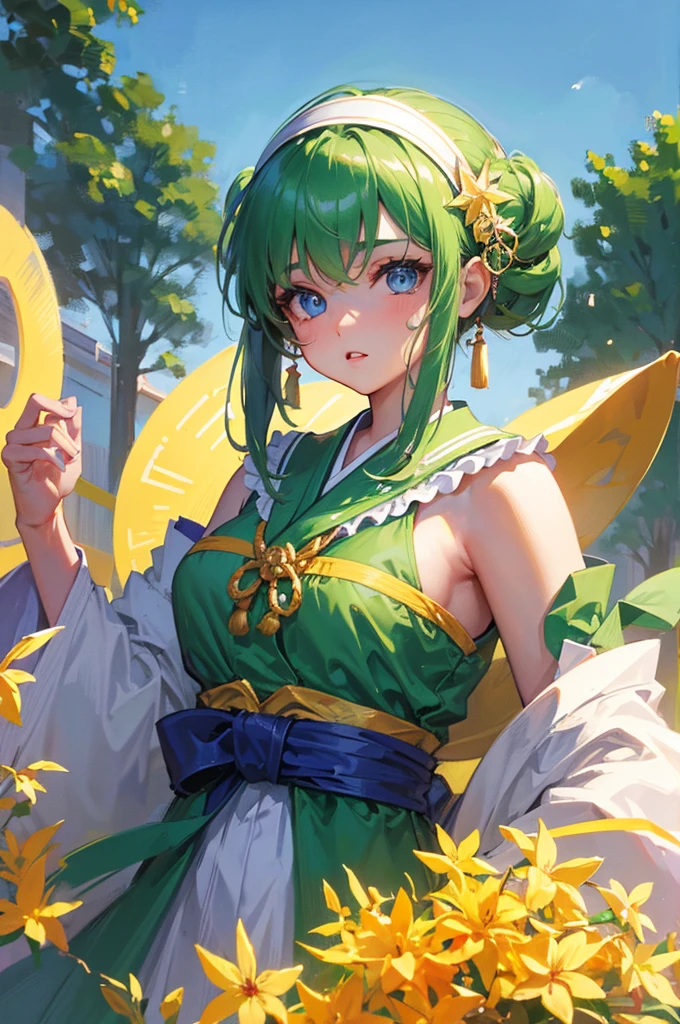 8K, Highest quality, masterpiece, Ultra-detailed、headband、Green Hair、Medium hair、headband、full lips、Blue Eyes、18Year-old beauty、Portrait、Schoolyard、Japanese 、Schoolyard、high school girl、Random facial expressions