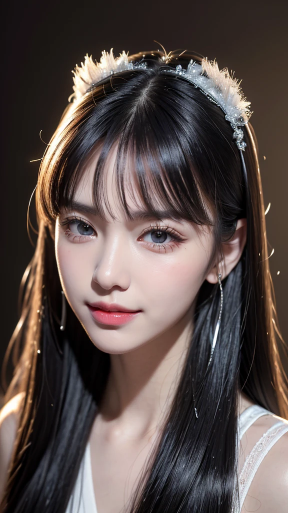 (8k, born, realistic: 1.25), ((striped white hairs)))))), (Thin lip gloss, thin eyebrows, eyelash, tear bag, sharp bangs, shiny face, shiny skin, highest quality, ultra high resolution, Depth of the bounds written, chromatic aberration, caustics, wide lighting, natural shading, K-POPアイドル) Glasses, Calm, Collect a strand of hair with your hand, long hair, smile, Small devil, inside the house