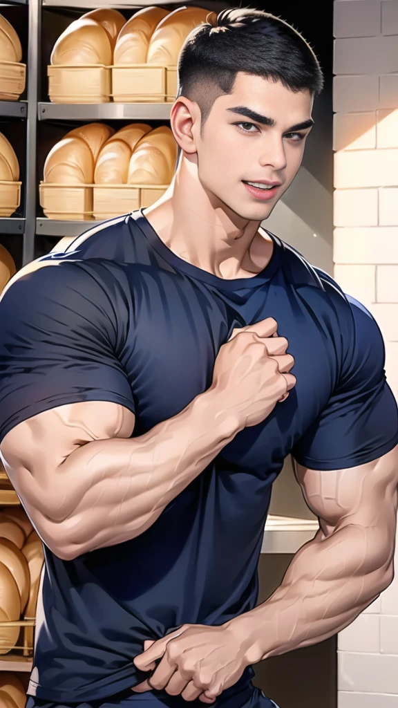 (handsome Man),(crew cut short hair:1.8),black eye,(Wear a fitted round neck t-shirt in navy with a police badge.:1.5),(fit neck),Navy blue jeans,(black_gloves:1.2), Korean guy,chest muscles,large arm muscles,blood vessel,Big muscles,Broad shoulders, (open mouth:1.2),(face up:1.2),(open eyes:1.5), middle of the road,smile, In front of the bread shop