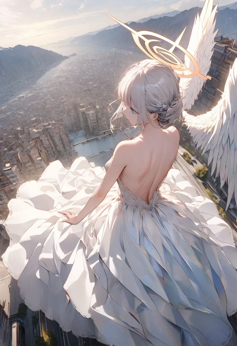 A (back view:1.5) of a very beautiful female angel\(long platinum hair, wide-backed white dress,(big beautiful angel wing from her chest),very beautiful shiny halo\), she is spreading her arms wide and gently as if seeking salvation, she is above the clouds looking down on the world below, a fierce war\((so many sparks and fires), missles, battle plane, many buildings collapsing, nature being destroyed, a magnificent andspectacular scenery\) is taking place below the clouds, BREAK ,quality\(8k,wallpaper of extremely detailed CG unit, ​masterpiece,hight resolution,top-quality,top-quality real texture skin,hyper realisitic,increase the resolution,RAW photos,best qualtiy,highly detailed,the wallpaper,cinematic lighting,ray trace,golden ratio\),[nsfw],dynamic angle,[nsfw],from above