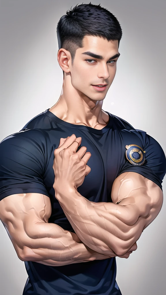 (handsome Man),(crew cut short hair:1.8),black eye,(Wear a fitted round neck t-shirt in navy with a police badge.:1.5),(fit neck),Navy blue jeans,(black_gloves:1.2), Korean guy,chest muscles,large arm muscles,blood vessel,Big muscles,Broad shoulders, (open mouth:1.2),(face up:1.2),(open eyes:1.5), middle of the road,smile, In the bread shop, (bread in hand)