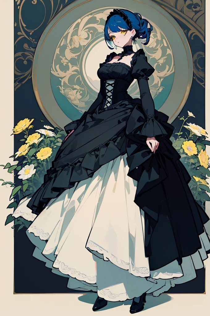 (Highest quality、masterpiece:1.2), ((Mature Woman))Huge , Adult face、Blue Hair、Both sides up、Yellow Eyes, (Dark eyeshadow、Lots of earrings) Gothic Dress, Black Dress, Victorian dress,Flower Field,Blue rose,Full body model,Down to the shoes,front