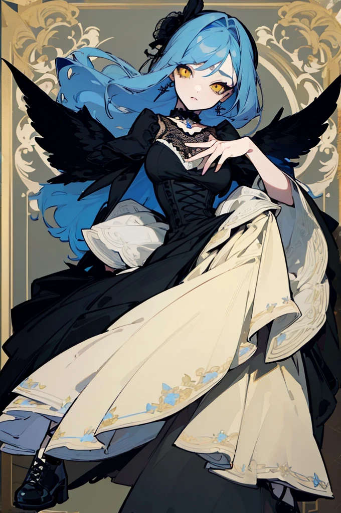 (Highest quality、masterpiece:1.2), ((Mature Woman))Huge , Adult face、Blue Hair、Both sides up、Yellow Eyes, (Dark eyeshadow、Lots of earrings) Gothic Dress, Black Dress, Victorian dress,Flower Field,Blue rose,Full body model,Down to the shoes,front