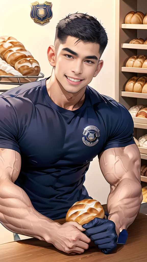 (handsome Man sitting on table eating bread ),(crew cut short hair:1.8),black eye,(Wear a fitted round neck t-shirt in navy with a police badge.:1.5),(fit neck),Navy blue jeans,(black_gloves:1.2), Korean guy,chest muscles,large arm muscles,blood vessel,Big muscles,Broad shoulders, (open mouth:1.2),(face up:1.2),(open eyes:1.5), middle of the road,smile, In the bread shop,