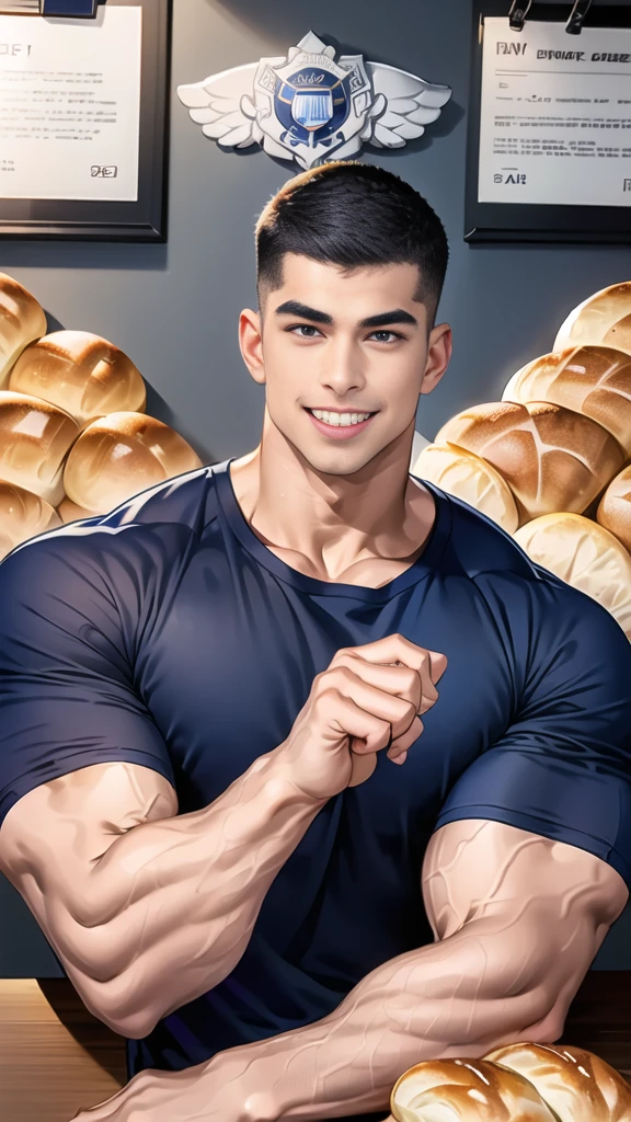 (handsome Man sitting on table eating bread ),(crew cut short hair:1.8),black eye,(Wear a fitted round neck t-shirt in navy with a police badge.:1.5),(fit neck),Navy blue jeans,(black_gloves:1.2), Korean guy,chest muscles,large arm muscles,blood vessel,Big muscles,Broad shoulders, (open mouth:1.2),(face up:1.2),(open eyes:1.5), middle of the road,smile, In the bread shop, 