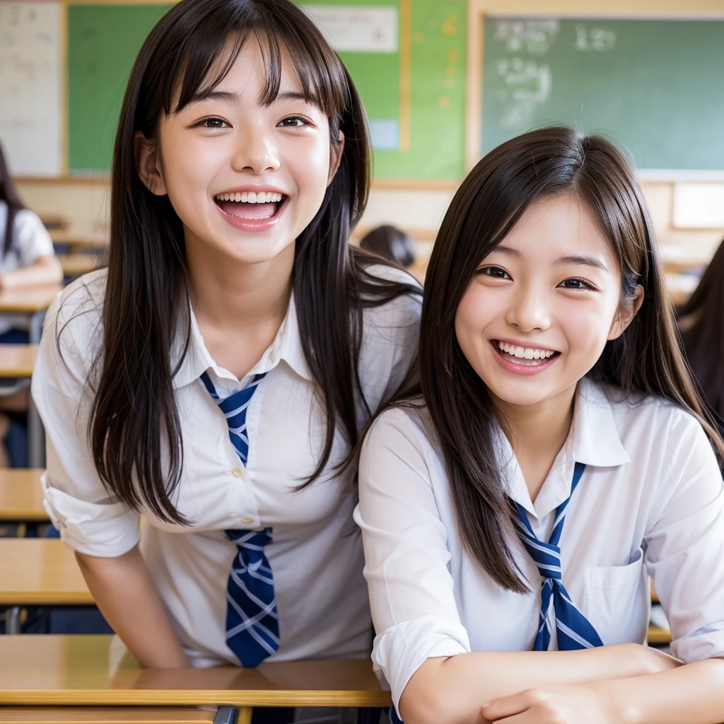 Laughing Japanese high school girl、classroom、、masterpiece, Highest quality, Photorealistic、Laugh with your mouth wide open、Smiling at the camera