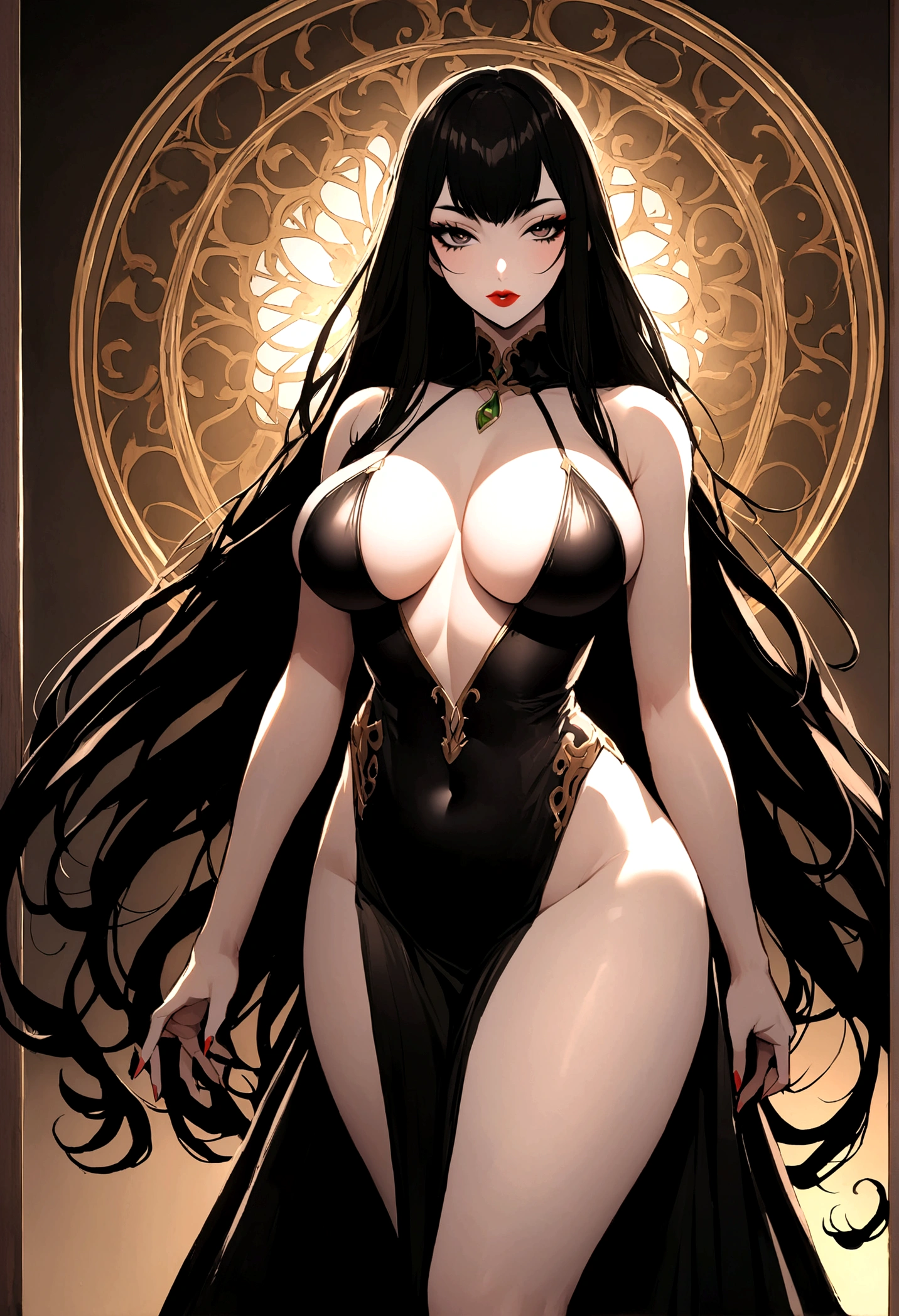 Create an image of a stunningly beautiful perfect fantasy Irish girl, Stunningly gorgeous beautiful perfect sexy face, perfect makeup, lipstick, curved eyebrows, long luscious eyelashes, black eyeliner, long luscious hair, seductive eyes, hour glass body figure, natural breats, showing clevage, long sexy dress,