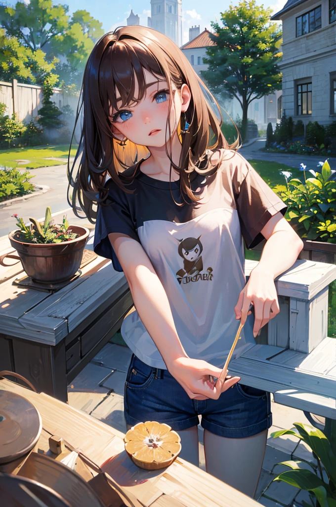 ８K, Highest quality, masterpiece, Ultra-detailed、headphone、Light brown hair、Medium hair, headphone、full lips、Blue Eyes、１８Year-old beauty、Portrait、、garden、T-Shirts、Shorts、Random facial expressions