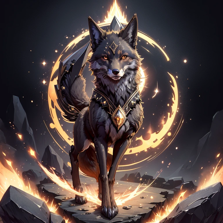 (1 fox) full body, a black eyes dark brown wolf, a winged four pointy square ears earth wolf with stones and rocks, earth energy around, earth background