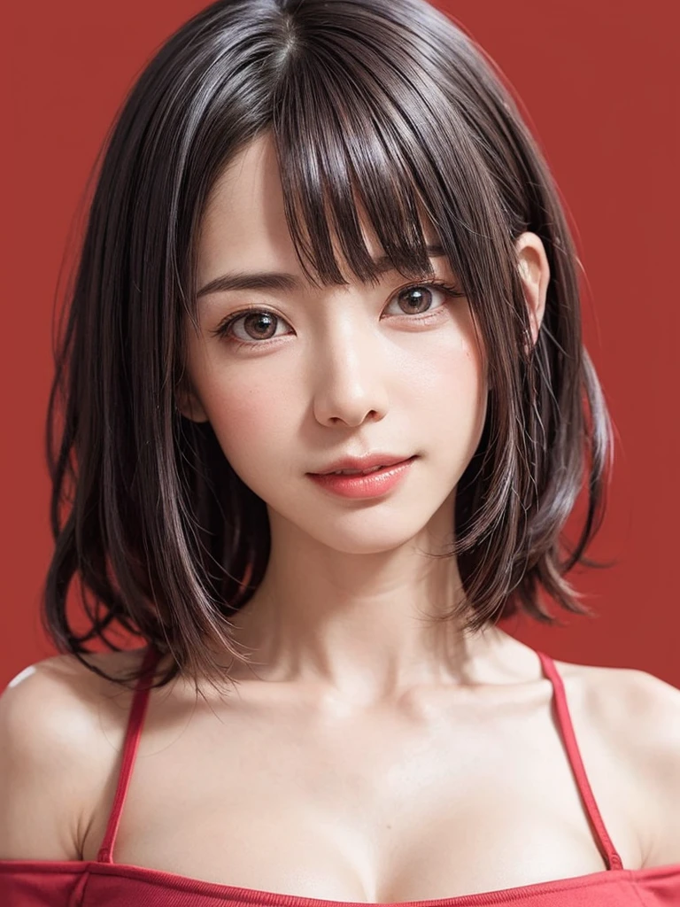 (SFW:1.8、masterpiece, masterpiece、Highest quality),1 Girl, alone, hyper Realistic, Realistic,Realistic, Looking at the audience, Light brown eyes:1.4,短めのBrunette Short Bob Hair:1.6、Highly detailed shiny hair:1.5, Very delicate and beautiful、Brightly colored off-the-shoulder dress.:1.4, See-through costume、Lepangas:1.4), Mouth closed, Upper Body、big chest eye、eyelash、{Hugeな|big chest|Hugeなな|Mega} whole :2, chestの谷間:2、(((Add highlights to the eyes:1.4、big chest eye、Short Bob Hair、Glowing Skin:1.4、Looking at the audience、She is very 美しい and cute、Show me your ears、Beautiful long neck、smile、Close your mouth and smile、bangsと美しい歯)))、Ideal body type、((Very beautiful red background:2、Simple blank landscape in vibrant baby colors:2、Very simple purple background:2))、Beautiful long neck:1.4、(({Huge|big|Hugeな|Mega} chest, chestの谷間:2))、(((Portraiture:2、Face close-up:2、Face close-up:2)))、Perfect Anatomy、((bangs:2))