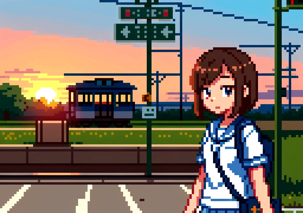 Create 3D Pixar-style cartoon scenes, summer,Rural railroad crossing,Wearing a sailor uniform,I have a bag,The girl in front of me,Watching a train pass by,Standing and waiting for the crossing to open,Sunset.