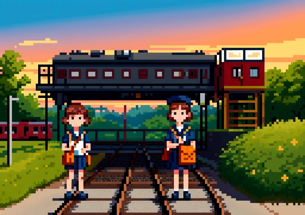 Create 3D Pixar-style cartoon scenes, summer,Rural railroad crossing,Wearing a sailor uniform,I have a bag,The girl in front of me,Watching a train pass by,Standing and waiting for the crossing to open,Sunset.