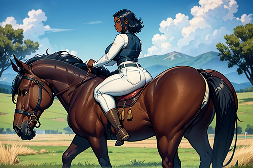  full figured very dark skinned African woman riding a big  Belgian draft horse  mare (side view). big bum. very short tail. horse facing horizon .   flat grass meadow. steaming horse dung behind horse.   cloudless blue sky. 